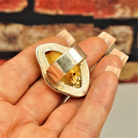 RAW BALTIC AMBER 925 SILVER RING 9.25, BUTTERSCOTCH EGG YOLK AMBER UNISEX RING - Picture 7 of 10
